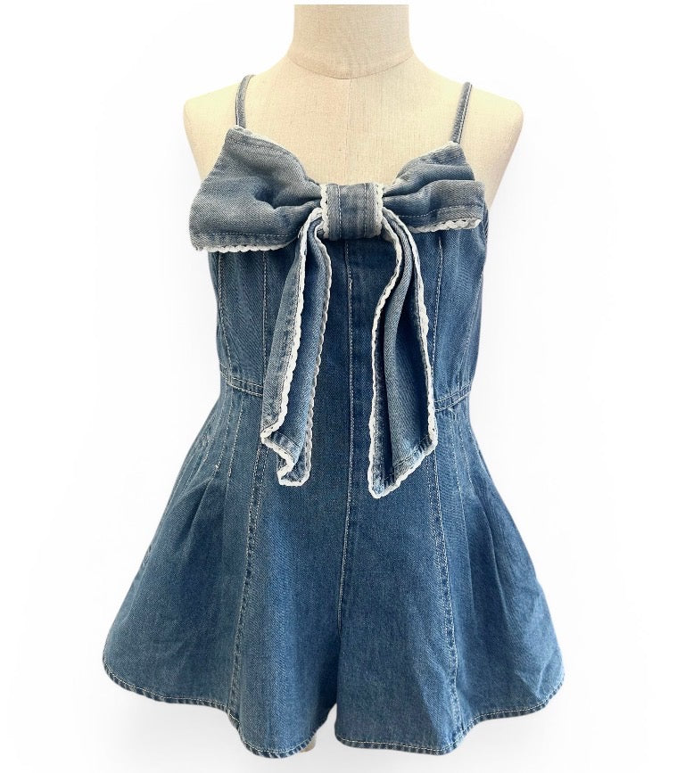 Front Bow Denim Romper