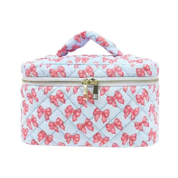 Karma Blue Ribbon Bow Quilted Makeup Bag