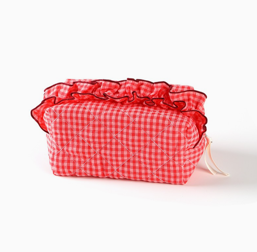 Gingham Ruffled Quilted Cosmetic Bag