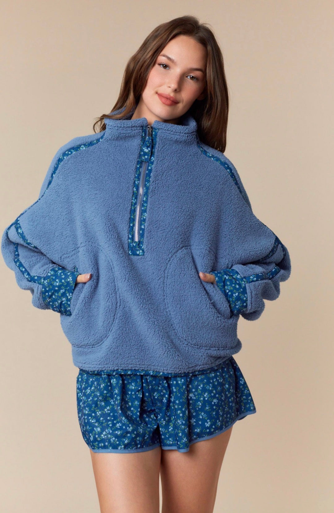 Floral Trim Half Zip Fleece Pullover