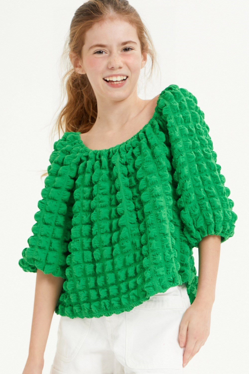 Embossed Bubble Sleeve Top Green
