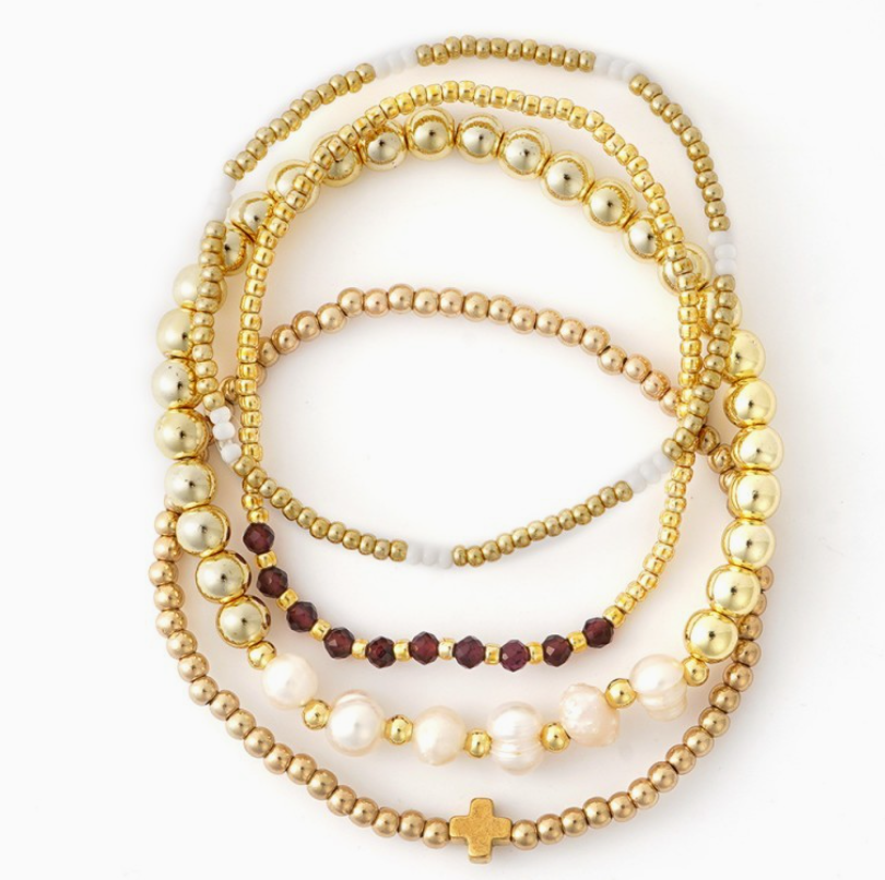 Gold Plated Multi-Ball Pearl Stretch Bracelet