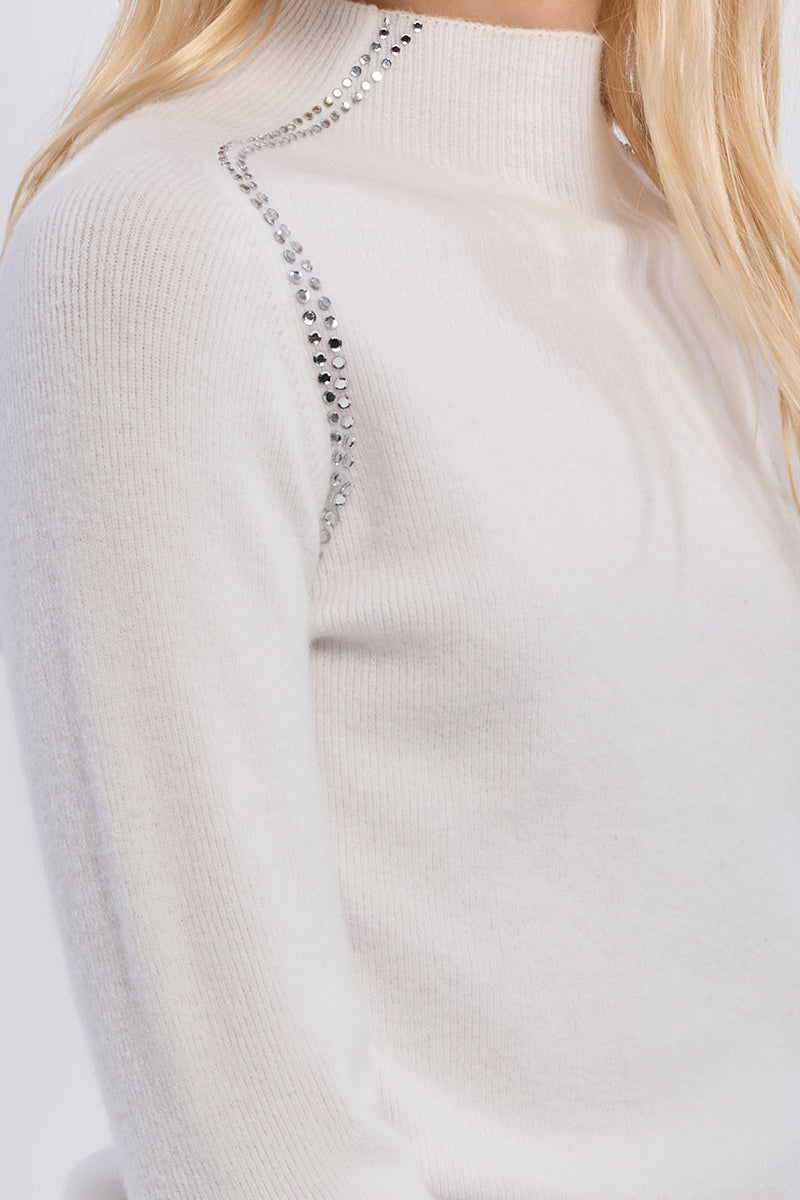 White Ribbed Sweater W Rhinestone Detail