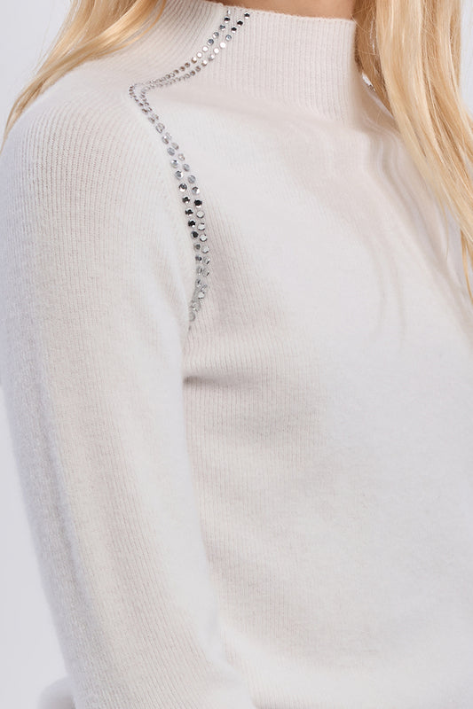 White Ribbed Sweater W Rhinestone Detail