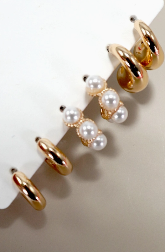 Pearl Gold Huggie Hoop Earring Set