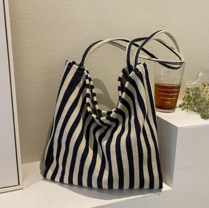 Black/White Striped Canvas Hobo Bag