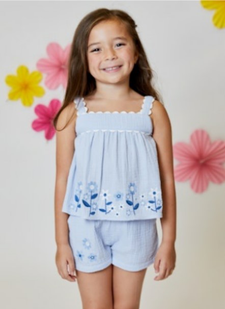 Blue Embroidery Floral Short