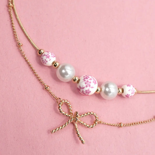 Pink Ceramic Bow Necklace