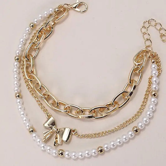 Bow Pearl Link Trio Bracelets