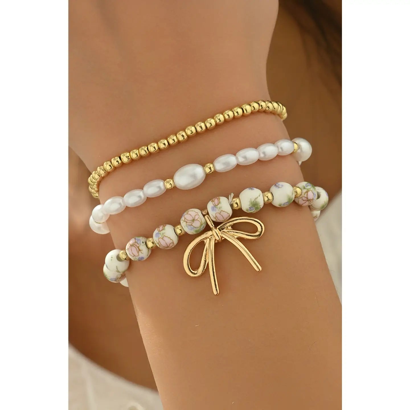 Bow Knot Beaded Triple Layer Bracelet Set