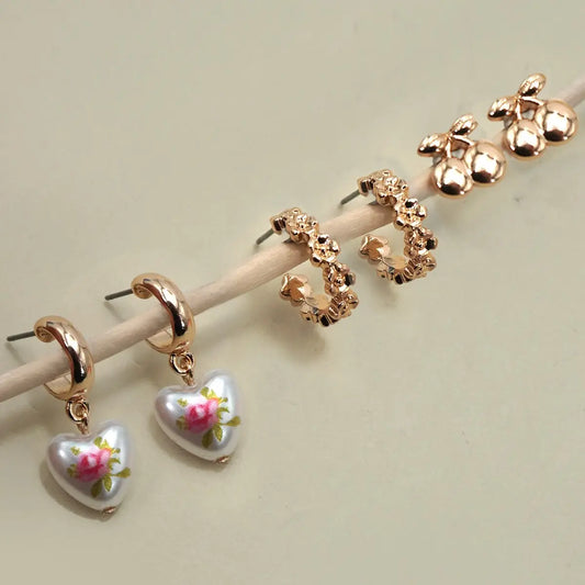 Cherry Floral Hoop Heart Huggies Earrings