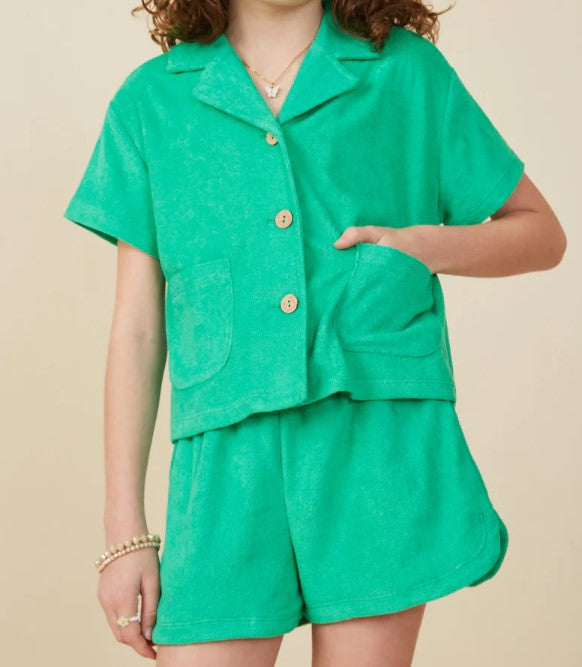 Green Terry Cloth Button Top