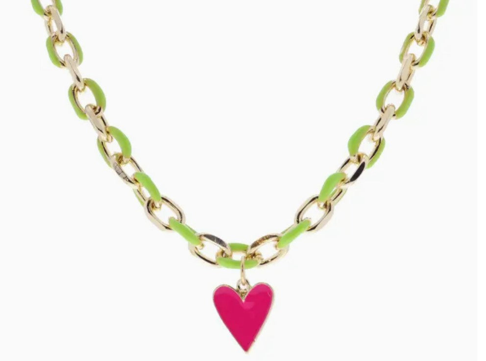 Lime Enamel Pink Heart Necklace