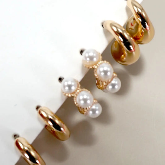 Trio Huggie Pearl Hoop Earrings