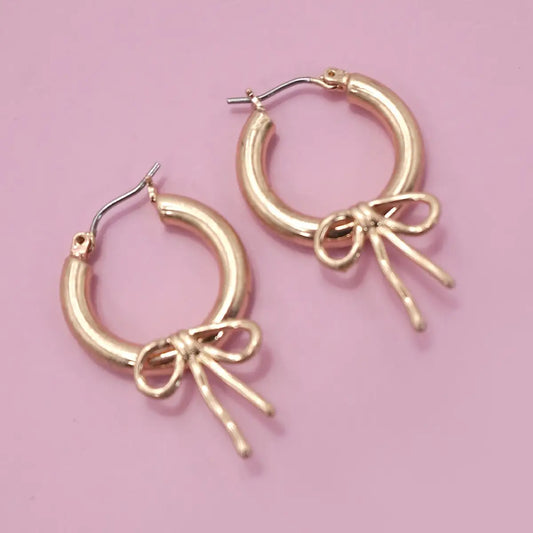 Gold Bow Puffy Hoop Earrings
