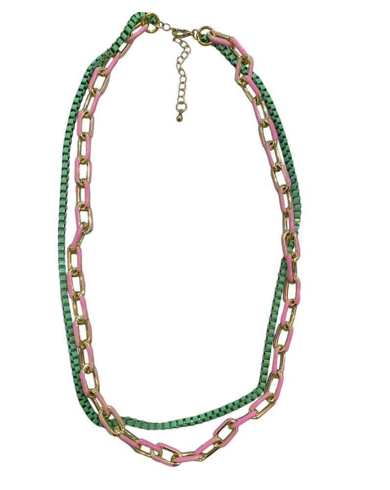 Pink and Green Double Chain Necklace